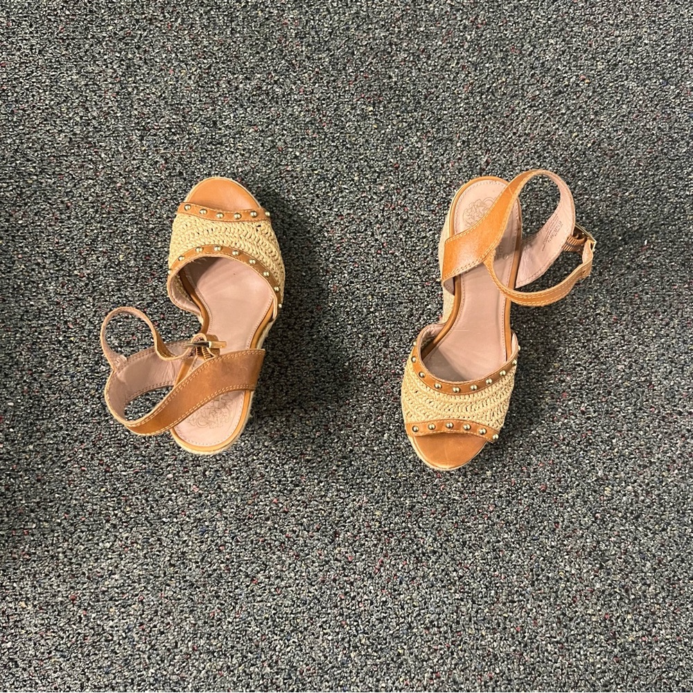 VINCE CAMUTO Neutral Brown & Cream Straw Open-Toe Stud Espadrilles Wedges Shoes - Picture 11 of 16